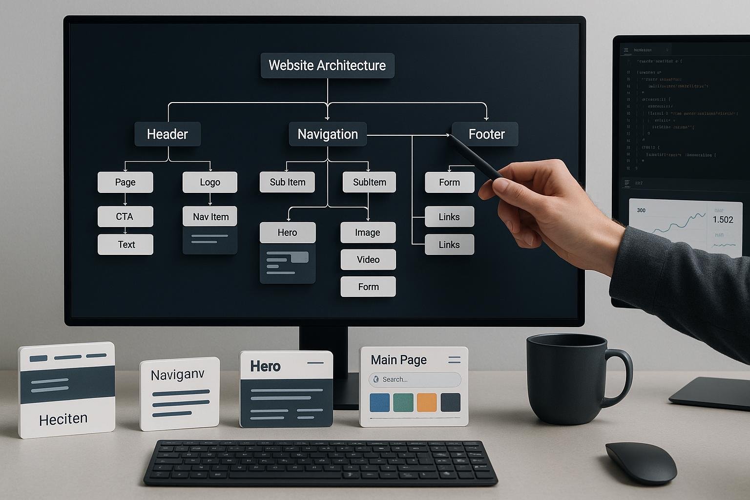 Moderner Digitalarbeitsplatz mit großem Monitor, der eine komplexe Website-Architektur mit verbundenen Modulen und Flussdiagrammen anzeigt, umgeben von Website-Komponenten und Entwicklerwerkzeugen.