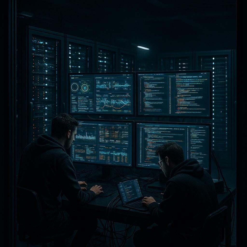 Moderner Serverraum mit Entwicklern, Monitoring-Bildschirmen und eleganten Server-Racks, geschaffen für technologische Innovation. Credit: 404 Magazine (Tobias Hager)