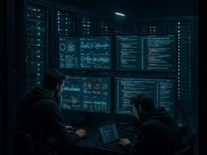 Moderner Serverraum mit Entwicklern, Monitoring-Bildschirmen und eleganten Server-Racks, geschaffen für technologische Innovation. Credit: 404 Magazine (Tobias Hager)