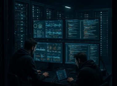 Moderner Serverraum mit Entwicklern, Monitoring-Bildschirmen und eleganten Server-Racks, geschaffen für technologische Innovation. Credit: 404 Magazine (Tobias Hager)