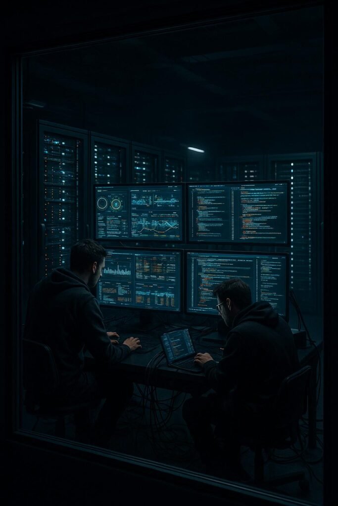 Moderner Serverraum mit Entwicklern, Monitoring-Bildschirmen und eleganten Server-Racks, geschaffen für technologische Innovation. Credit: 404 Magazine (Tobias Hager)