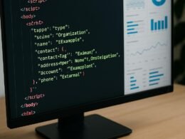 Computerbildschirm mit Code-Editor, die HTML- und JSON-LD-Codezeilen hervorhebt, im Hintergrund SEO-Analysediagramme und Grafiken, auf dem Tisch Notizen und Schraubenzieher, symbolisieren technische SEO-Programmierung.
