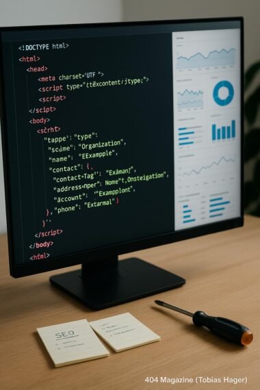 Computerbildschirm mit Code-Editor, die HTML- und JSON-LD-Codezeilen hervorhebt, im Hintergrund SEO-Analysediagramme und Grafiken, auf dem Tisch Notizen und Schraubenzieher, symbolisieren technische SEO-Programmierung.