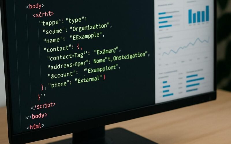 Computerbildschirm mit Code-Editor, die HTML- und JSON-LD-Codezeilen hervorhebt, im Hintergrund SEO-Analysediagramme und Grafiken, auf dem Tisch Notizen und Schraubenzieher, symbolisieren technische SEO-Programmierung.