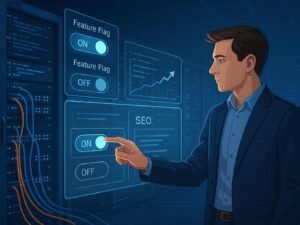 Moderne Server mit blauer Beleuchtung, Entwickler interagiert mit holografischer Schnittstelle und digitalen Datenströmen im High-Tech-Serverraum, Credit: 404 Magazine (Tobias Hager).