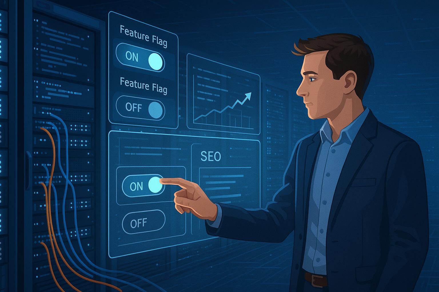 Moderne Server mit blauer Beleuchtung, Entwickler interagiert mit holografischer Schnittstelle und digitalen Datenströmen im High-Tech-Serverraum, Credit: 404 Magazine (Tobias Hager).