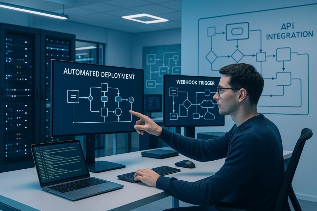 Futuristischer Büroarbeitsplatz mit Entwickler, der auf einen Bildschirm mit automatisierten Deployment-Prozessen zeigt, im Hintergrund Serverschränke und Flowcharts für API-Integrationen, in blau-weißer Farbgebung