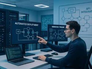 Futuristischer Büroarbeitsplatz mit Entwickler, der auf einen Bildschirm mit automatisierten Deployment-Prozessen zeigt, im Hintergrund Serverschränke und Flowcharts für API-Integrationen, in blau-weißer Farbgebung