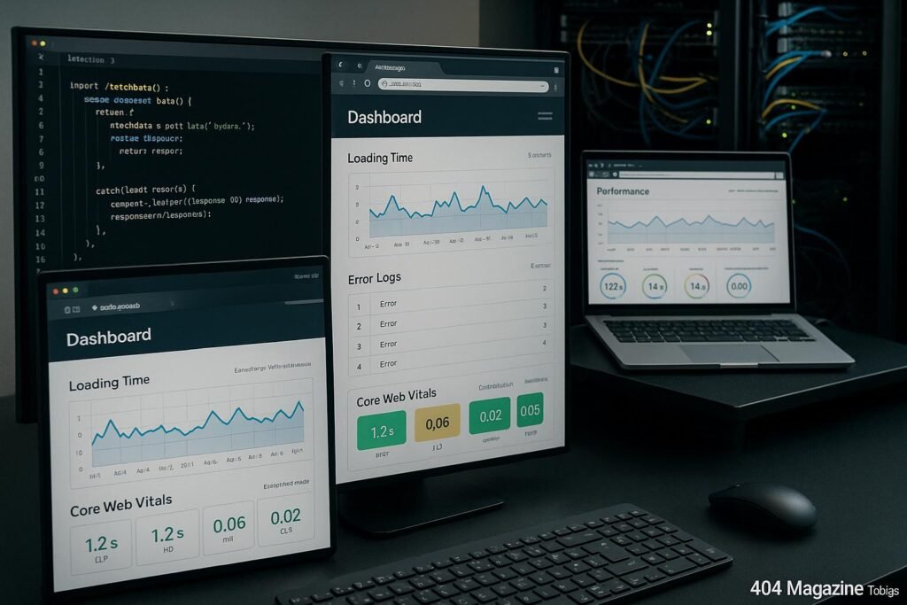 Arbeitsplatz eines Webentwicklers mit Monitoren, Codeeditoren, Browserfenstern und Serverrack, der die technische Überwachung von Websites zeigt