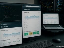 Arbeitsplatz eines Webentwicklers mit Monitoren, Codeeditoren, Browserfenstern und Serverrack, der die technische Überwachung von Websites zeigt
