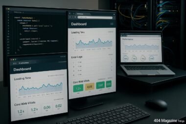 Arbeitsplatz eines Webentwicklers mit Monitoren, Codeeditoren, Browserfenstern und Serverrack, der die technische Überwachung von Websites zeigt