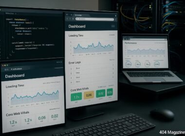 Arbeitsplatz eines Webentwicklers mit Monitoren, Codeeditoren, Browserfenstern und Serverrack, der die technische Überwachung von Websites zeigt