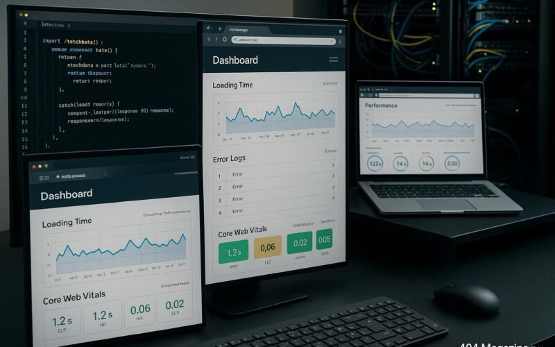 Arbeitsplatz eines Webentwicklers mit Monitoren, Codeeditoren, Browserfenstern und Serverrack, der die technische Überwachung von Websites zeigt