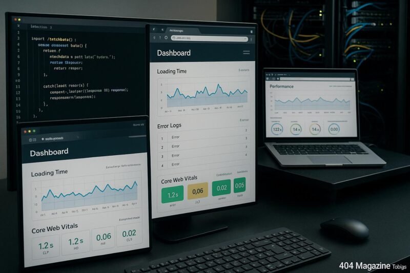 Arbeitsplatz eines Webentwicklers mit Monitoren, Codeeditoren, Browserfenstern und Serverrack, der die technische Überwachung von Websites zeigt