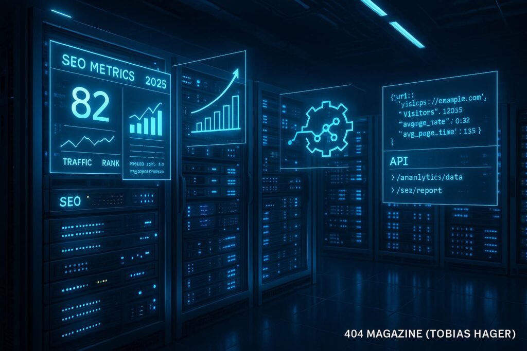 Futuristischer Serverraum mit holographischen Diagrammen, Echtzeit-Daten und LED-Beleuchtung, dargestellt im Jahr 2025