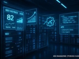 Futuristischer Serverraum mit holographischen Diagrammen, Echtzeit-Daten und LED-Beleuchtung, dargestellt im Jahr 2025