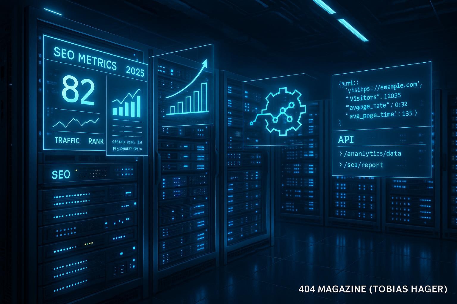 Futuristischer Serverraum mit holographischen Diagrammen, Echtzeit-Daten und LED-Beleuchtung, dargestellt im Jahr 2025