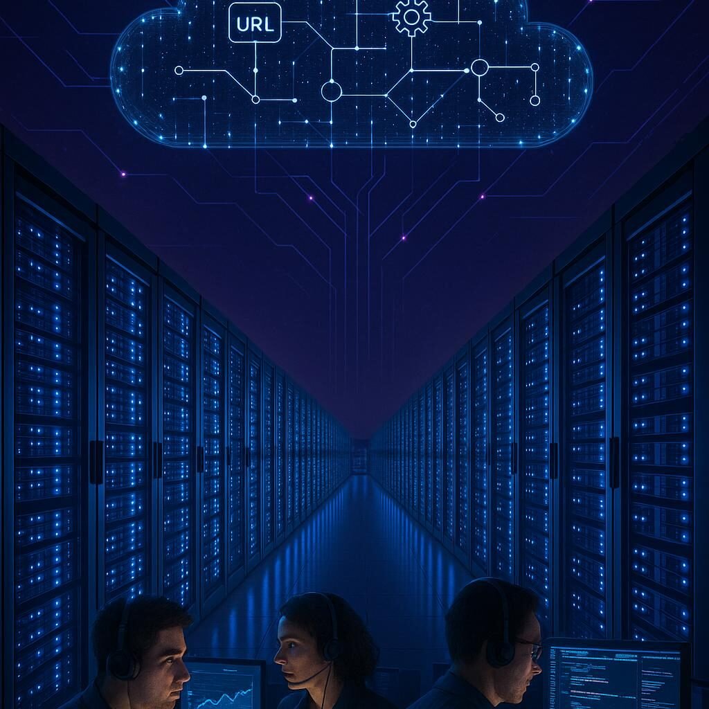 Hochformat-Foto eines modernen Webhosting-Rechenzentrums bei Nacht mit leuchtenden Serverracks, digitaler Datenwolke und Mitarbeitern in Business-Casual vor Monitoren