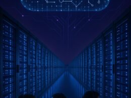 Hochformat-Foto eines modernen Webhosting-Rechenzentrums bei Nacht mit leuchtenden Serverracks, digitaler Datenwolke und Mitarbeitern in Business-Casual vor Monitoren