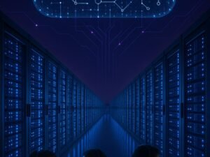 Hochformat-Foto eines modernen Webhosting-Rechenzentrums bei Nacht mit leuchtenden Serverracks, digitaler Datenwolke und Mitarbeitern in Business-Casual vor Monitoren