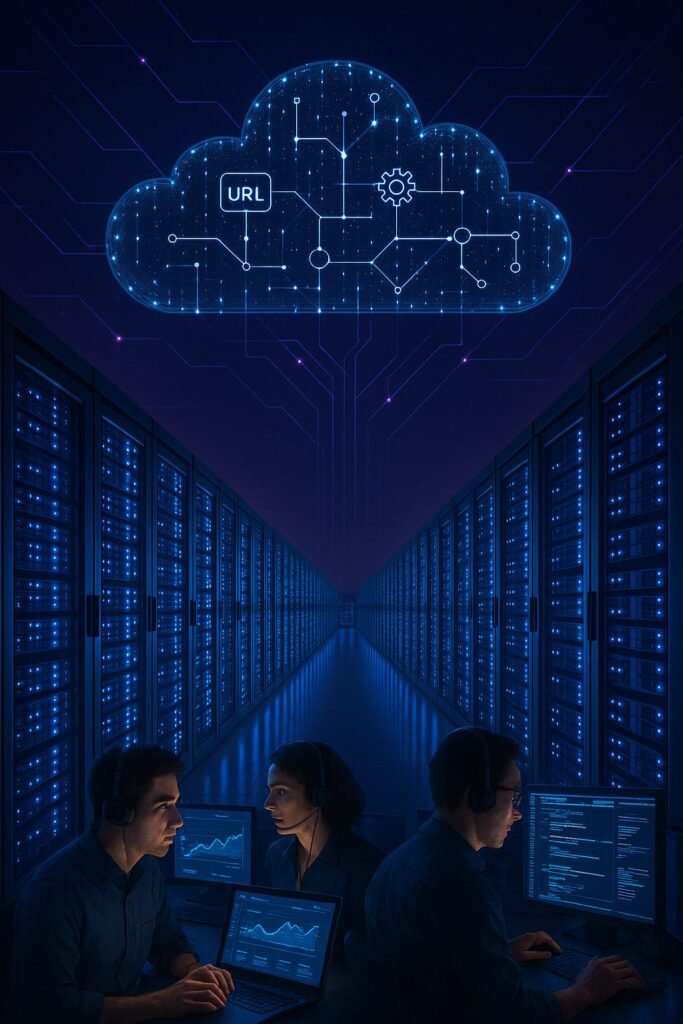 Hochformat-Foto eines modernen Webhosting-Rechenzentrums bei Nacht mit leuchtenden Serverracks, digitaler Datenwolke und Mitarbeitern in Business-Casual vor Monitoren