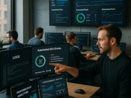 Person zeigt auf einen Monitor im modernen Entwicklerbüro mit mehreren Bildschirmen, im Hintergrund Teammitglieder bei der Arbeit. Szenario betont Continuous Integration, Monitoring und Automation.