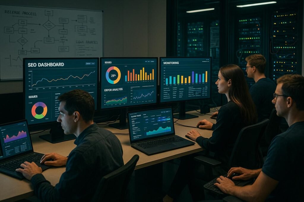 Team arbeitet in einem modernen Kontrollzentrum mit großen Bildschirmen, Whiteboards und Serverräumen für technisches SEO-Management.