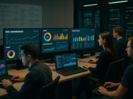 Team arbeitet in einem modernen Kontrollzentrum mit großen Bildschirmen, Whiteboards und Serverräumen für technisches SEO-Management.