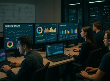Team arbeitet in einem modernen Kontrollzentrum mit großen Bildschirmen, Whiteboards und Serverräumen für technisches SEO-Management.