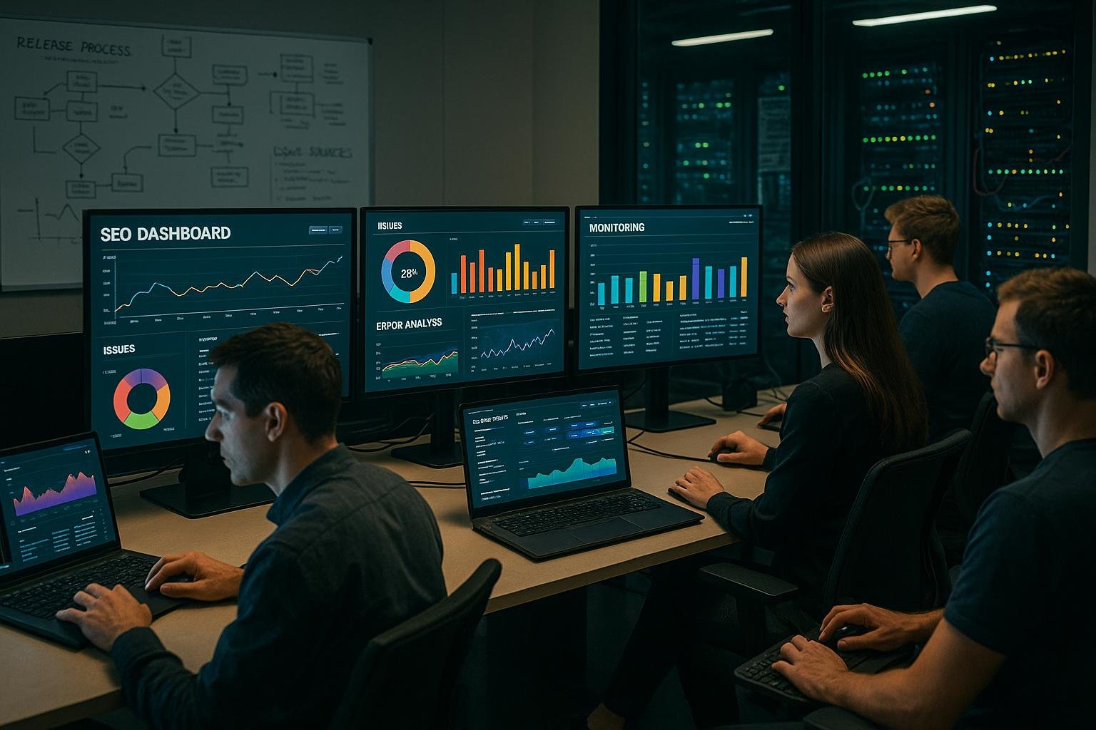 Team arbeitet in einem modernen Kontrollzentrum mit großen Bildschirmen, Whiteboards und Serverräumen für technisches SEO-Management.