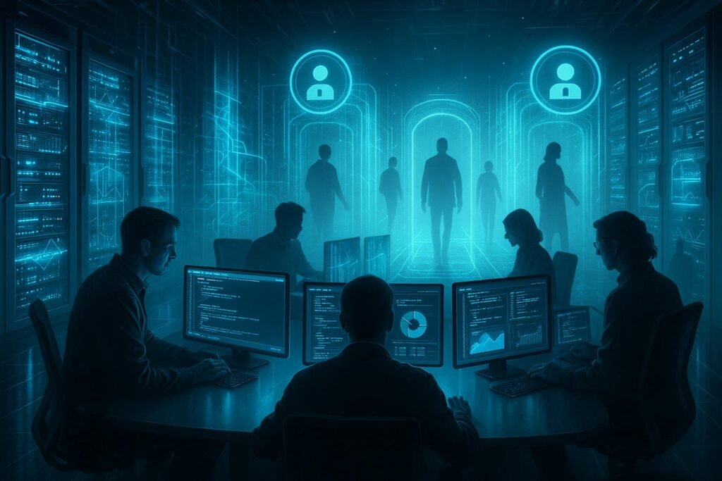 Futuristischer Serverraum mit leuchtenden Serverracks, holografischen Datenströmen und Nutzern vor digitalen Zugangs-Schleusen, Szene mit Entwicklern am Konferenztisch, Credit: 404 Magazine (Tobias Hager)