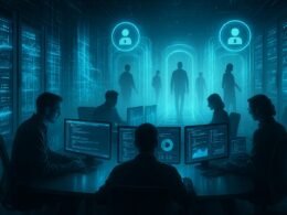 Futuristischer Serverraum mit leuchtenden Serverracks, holografischen Datenströmen und Nutzern vor digitalen Zugangs-Schleusen, Szene mit Entwicklern am Konferenztisch, Credit: 404 Magazine (Tobias Hager)