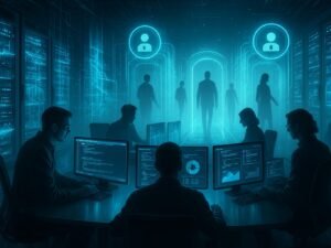 Futuristischer Serverraum mit leuchtenden Serverracks, holografischen Datenströmen und Nutzern vor digitalen Zugangs-Schleusen, Szene mit Entwicklern am Konferenztisch, Credit: 404 Magazine (Tobias Hager)