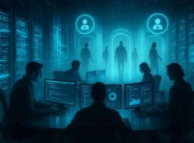 Futuristischer Serverraum mit leuchtenden Serverracks, holografischen Datenströmen und Nutzern vor digitalen Zugangs-Schleusen, Szene mit Entwicklern am Konferenztisch, Credit: 404 Magazine (Tobias Hager)