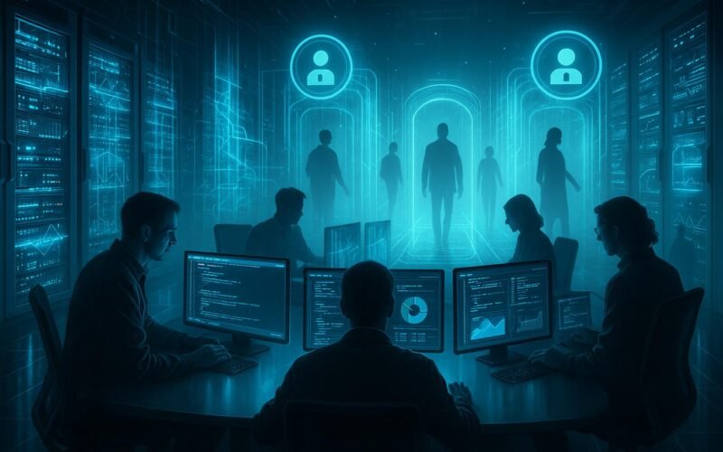 Futuristischer Serverraum mit leuchtenden Serverracks, holografischen Datenströmen und Nutzern vor digitalen Zugangs-Schleusen, Szene mit Entwicklern am Konferenztisch, Credit: 404 Magazine (Tobias Hager)