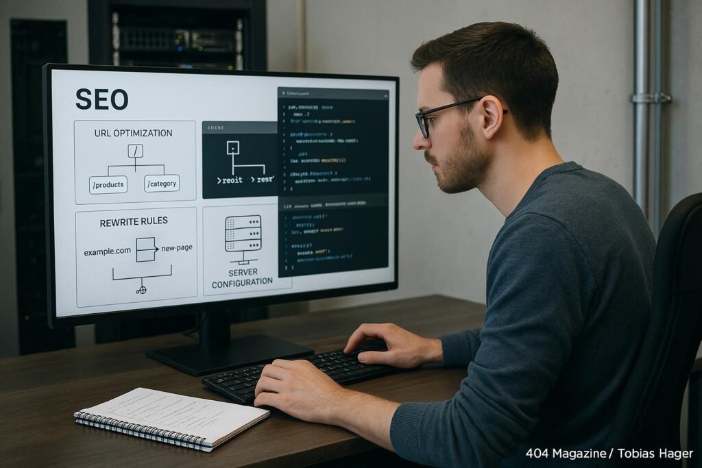 Entwickler arbeitet in einem modernen Büro an einem großen Bildschirm mit technischen Diagrammen, URL-Strukturen und Serverkonfigurationen für SEO, im Hintergrund Serverrack und Chromeleisten sichtbar, Credit: 404 Magazine (Tobias Hager)