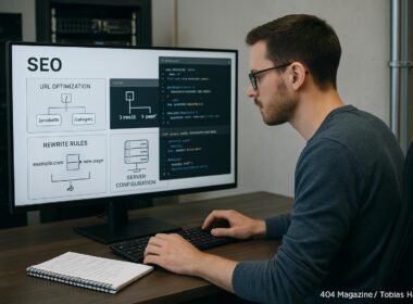 Entwickler arbeitet in einem modernen Büro an einem großen Bildschirm mit technischen Diagrammen, URL-Strukturen und Serverkonfigurationen für SEO, im Hintergrund Serverrack und Chromeleisten sichtbar, Credit: 404 Magazine (Tobias Hager)