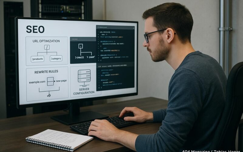 Entwickler arbeitet in einem modernen Büro an einem großen Bildschirm mit technischen Diagrammen, URL-Strukturen und Serverkonfigurationen für SEO, im Hintergrund Serverrack und Chromeleisten sichtbar, Credit: 404 Magazine (Tobias Hager)