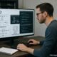 Entwickler arbeitet in einem modernen Büro an einem großen Bildschirm mit technischen Diagrammen, URL-Strukturen und Serverkonfigurationen für SEO, im Hintergrund Serverrack und Chromeleisten sichtbar, Credit: 404 Magazine (Tobias Hager)