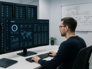 Entwickler in moderner, technischer Umgebung, die Echtzeit-Datenvisualisierung zeigt, mit Server-Racks im Hintergrund und Whiteboard mit API-Architekturen
