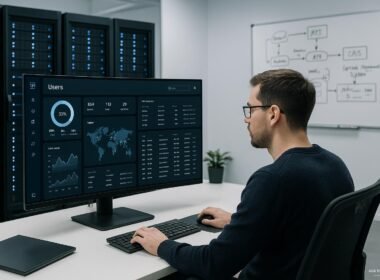 Entwickler in moderner, technischer Umgebung, die Echtzeit-Datenvisualisierung zeigt, mit Server-Racks im Hintergrund und Whiteboard mit API-Architekturen