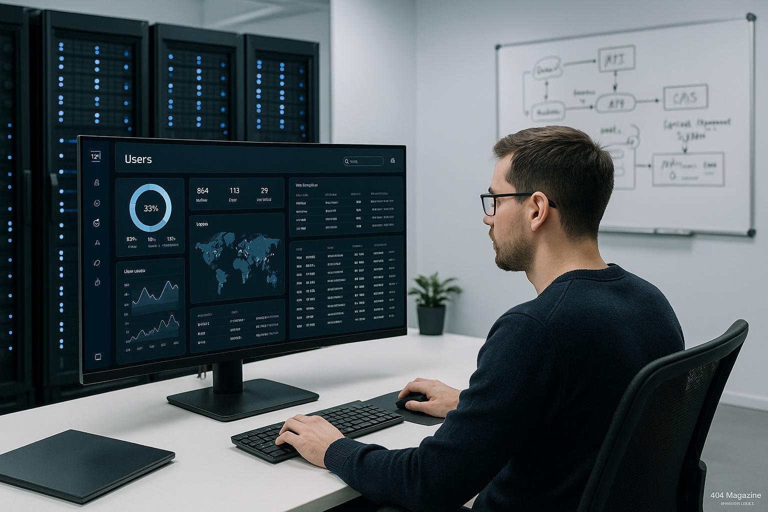 Entwickler in moderner, technischer Umgebung, die Echtzeit-Datenvisualisierung zeigt, mit Server-Racks im Hintergrund und Whiteboard mit API-Architekturen