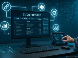 Moderner SEO-Arbeitsplatz mit Monitor, der eine CI/CD-Pipeline mit Code, Logs und Dashboards zeigt, umgeben von digitalen Icons für Webhooks, Cloud-Server und Überwachungstools