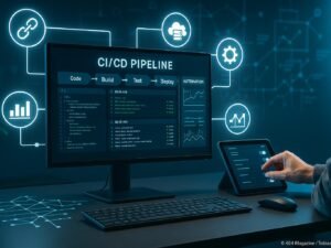 Moderner SEO-Arbeitsplatz mit Monitor, der eine CI/CD-Pipeline mit Code, Logs und Dashboards zeigt, umgeben von digitalen Icons für Webhooks, Cloud-Server und Überwachungstools