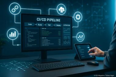 Moderner SEO-Arbeitsplatz mit Monitor, der eine CI/CD-Pipeline mit Code, Logs und Dashboards zeigt, umgeben von digitalen Icons für Webhooks, Cloud-Server und Überwachungstools