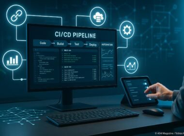 Moderner SEO-Arbeitsplatz mit Monitor, der eine CI/CD-Pipeline mit Code, Logs und Dashboards zeigt, umgeben von digitalen Icons für Webhooks, Cloud-Server und Überwachungstools