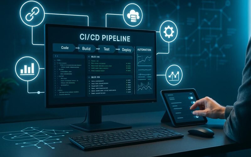 Moderner SEO-Arbeitsplatz mit Monitor, der eine CI/CD-Pipeline mit Code, Logs und Dashboards zeigt, umgeben von digitalen Icons für Webhooks, Cloud-Server und Überwachungstools