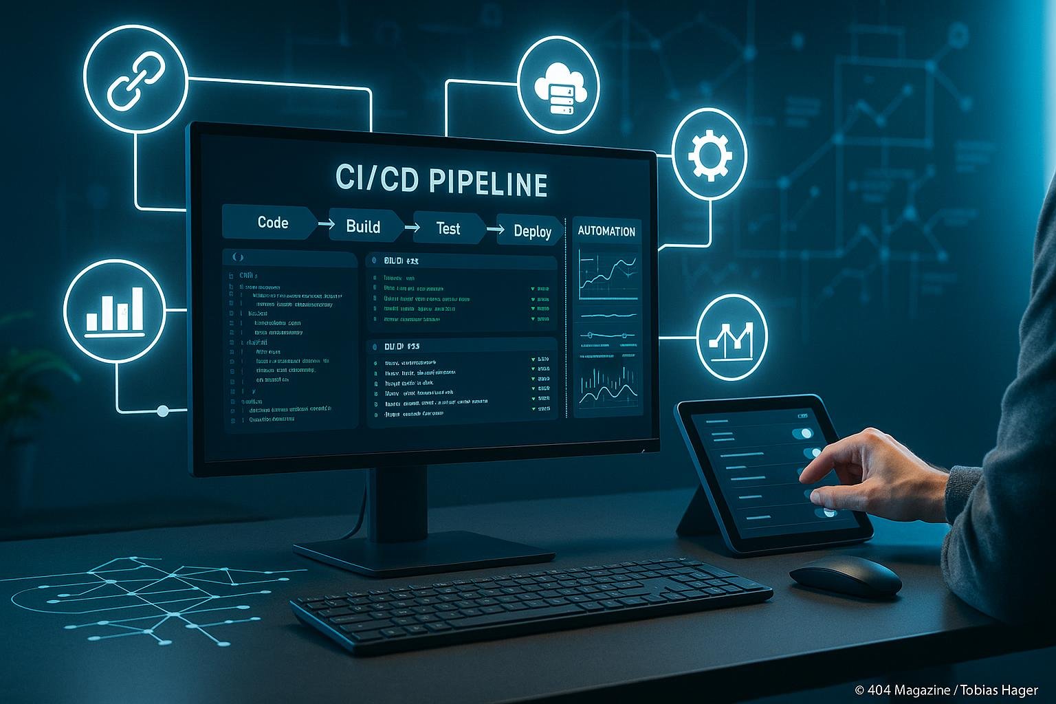 Moderner SEO-Arbeitsplatz mit Monitor, der eine CI/CD-Pipeline mit Code, Logs und Dashboards zeigt, umgeben von digitalen Icons für Webhooks, Cloud-Server und Überwachungstools