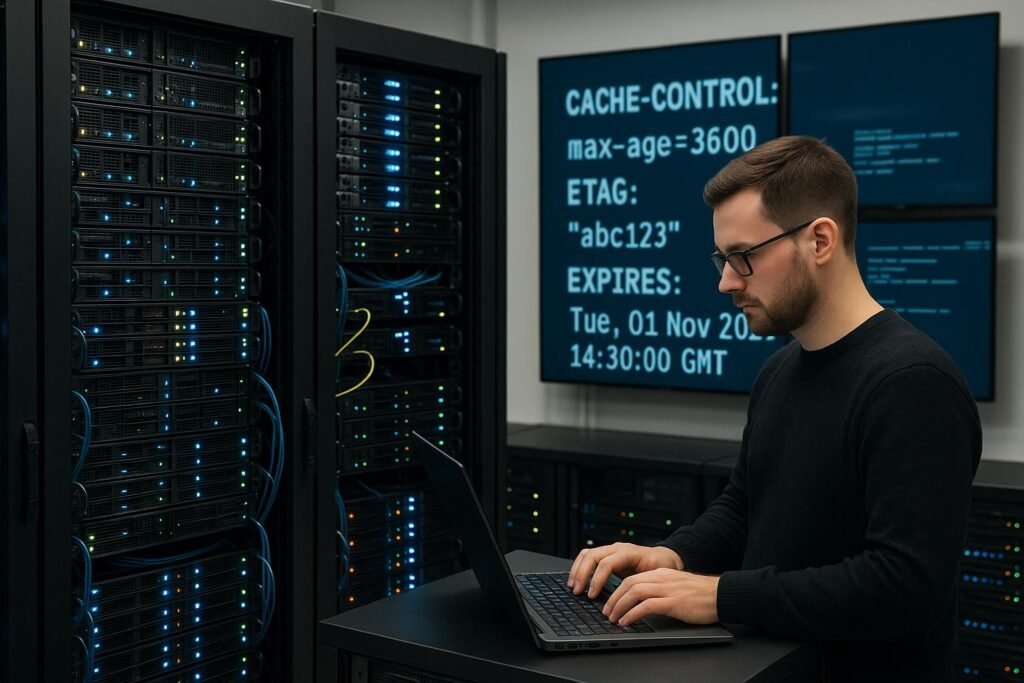 Moderner Serverraum mit Server-Racks, Techniker bei der Überwachung und Monitoren, die HTTP-Header-Analysen zeigen, Credit: 404 Magazine (Tobias Hager)