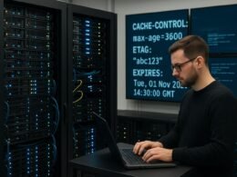 Moderner Serverraum mit Server-Racks, Techniker bei der Überwachung und Monitoren, die HTTP-Header-Analysen zeigen, Credit: 404 Magazine (Tobias Hager)